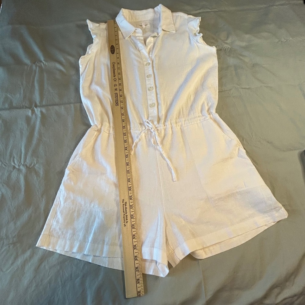 Dear John White Linen/Cotton Button Front Romper Flutter Sleeve Womens Large - Picture 7 of 9